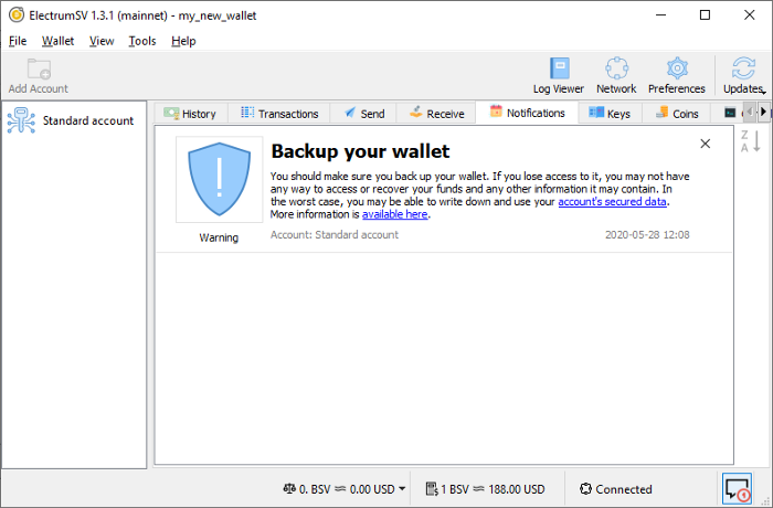 The initial backup notification in the wallet's notifications tab.