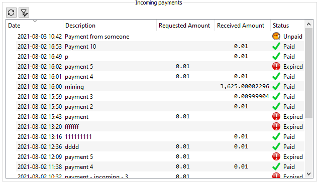 The incoming payment list at the bottom of the "Receive" tab.